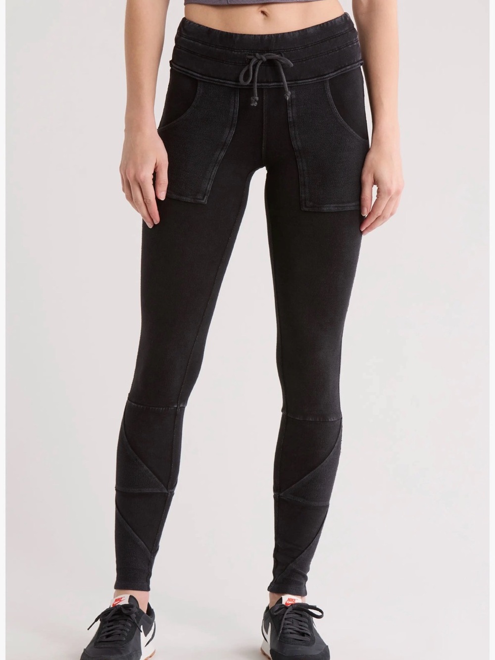 Free People Kyoto Black Washed Drawstring Patch-Pocket Leggings
